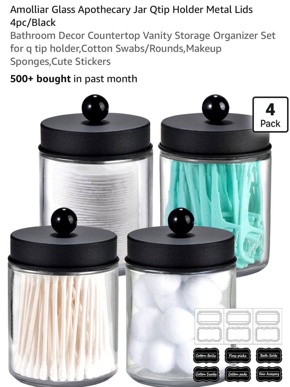 Molli Black Lid Clear Glass Apothecary Jars - 4 Pack